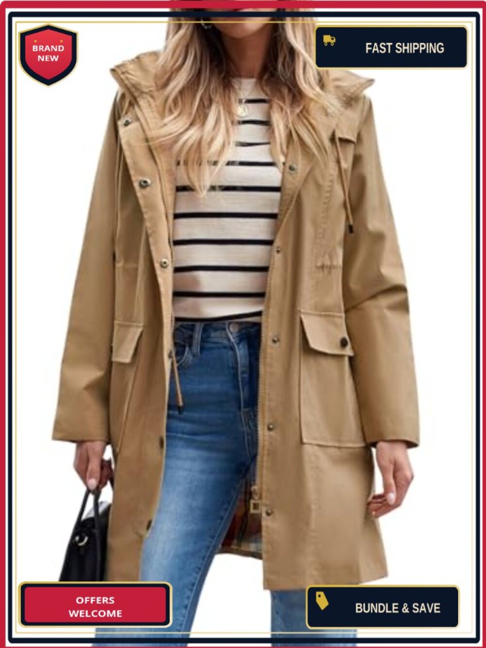 Women's Waterproof Rain Jacket Long Raincoat Hooded Windbreaker Trench Coat